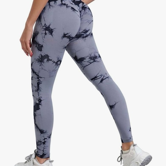 Tie Dye Workout Active Pants Yoga High Waist 4way Stretch Grayish Bluish/Black L - Picture 4 of 9